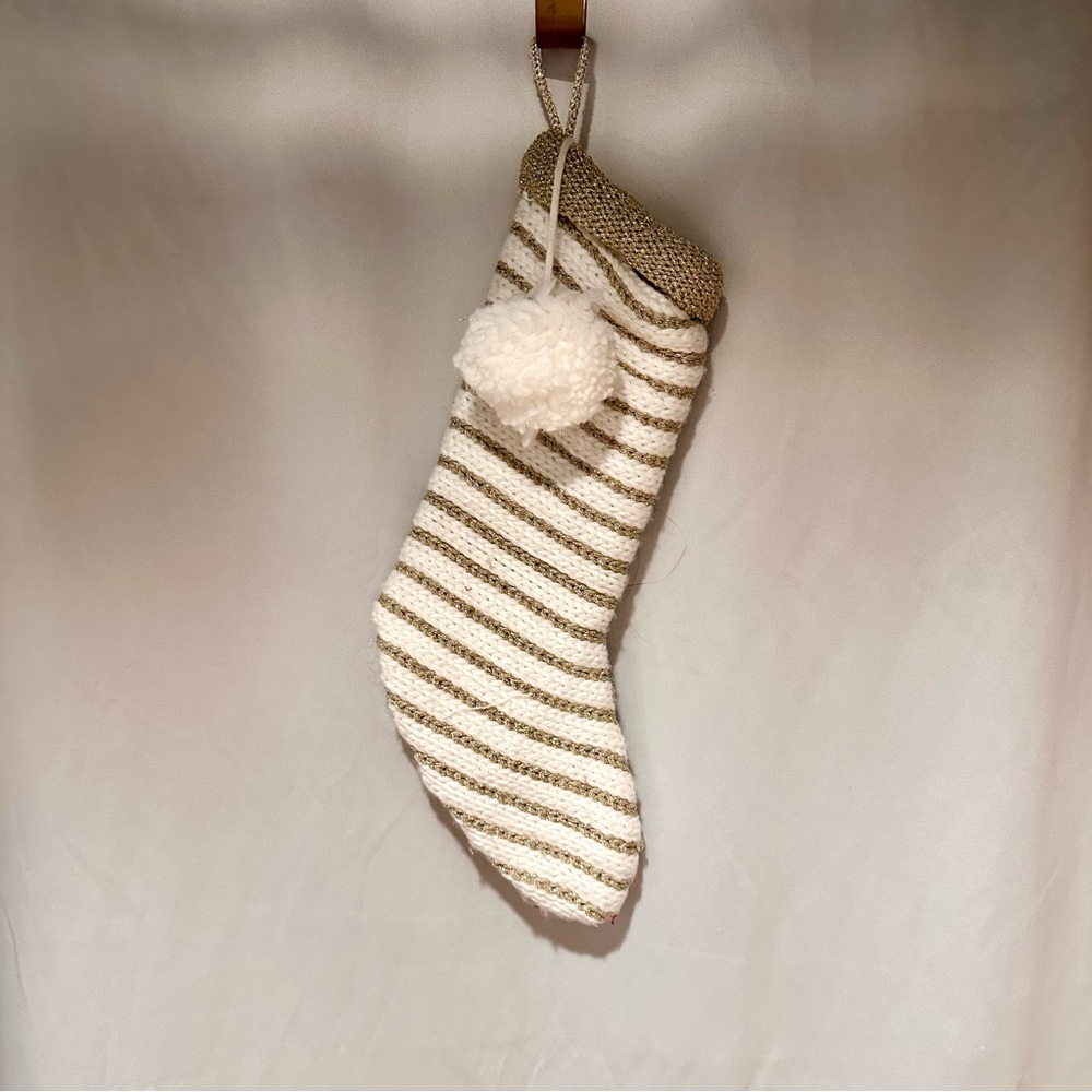 Cream Gold Metallic Sweater Knit Christmas Stocking Decoration with Pom Pon 22”H
